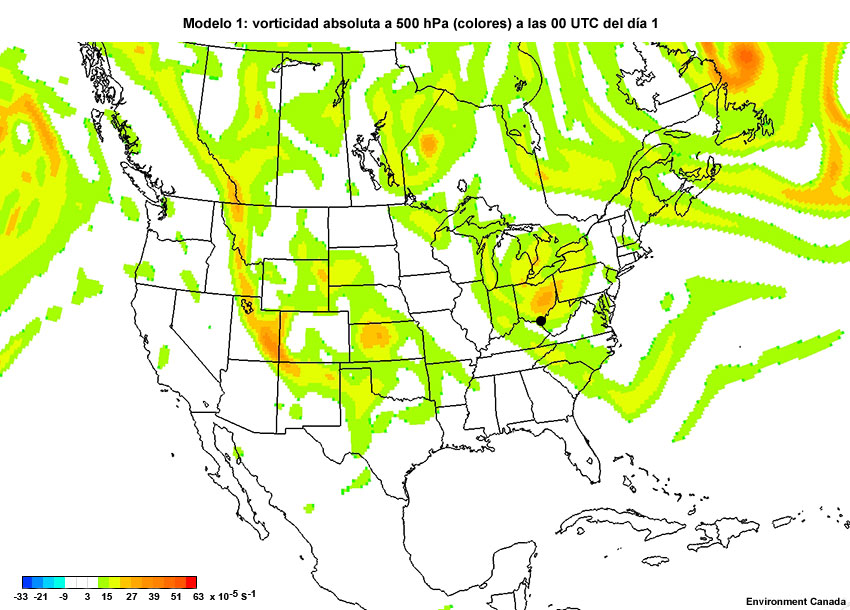 Animación de vorticidad absoluta a 500 hPa cada 12 horas desde las 00 UTC del día 1 hasta las 12 UTC del día 4