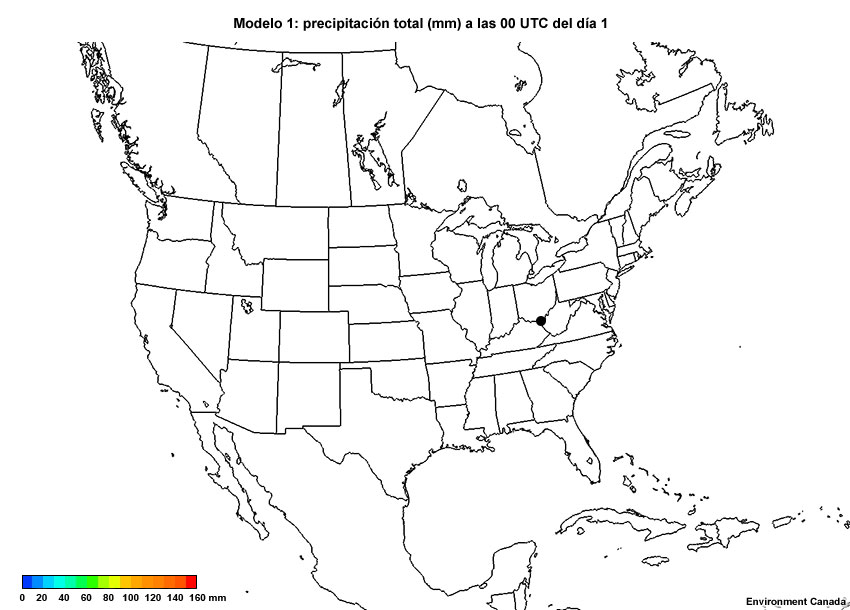 Animación de precipitación cada 12 horas, desde las 00 UTC del día 1 hasta las 12 UTC del día 4