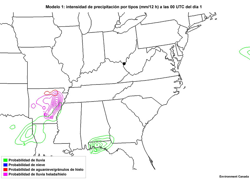Animación de intensidad de precipitación por tipo cada 12 horas, desde las 00 UTC del día 1 hasta las 12 UTC del día 4