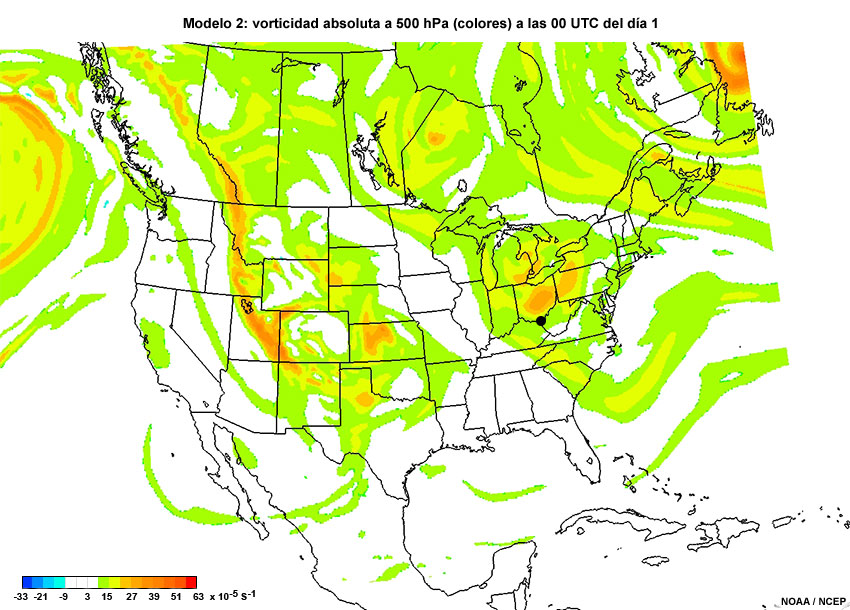 Animación de vorticidad absoluta a 500 hPa cada 12 horas desde las 00 UTC del día 1 hasta las 12 UTC del día 4