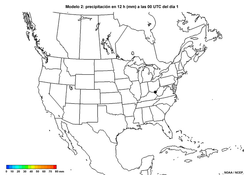 Animación de precipitación acumulada cada 12 horas, desde las 00 UTC del día 1 hasta las 12 UTC del día 4