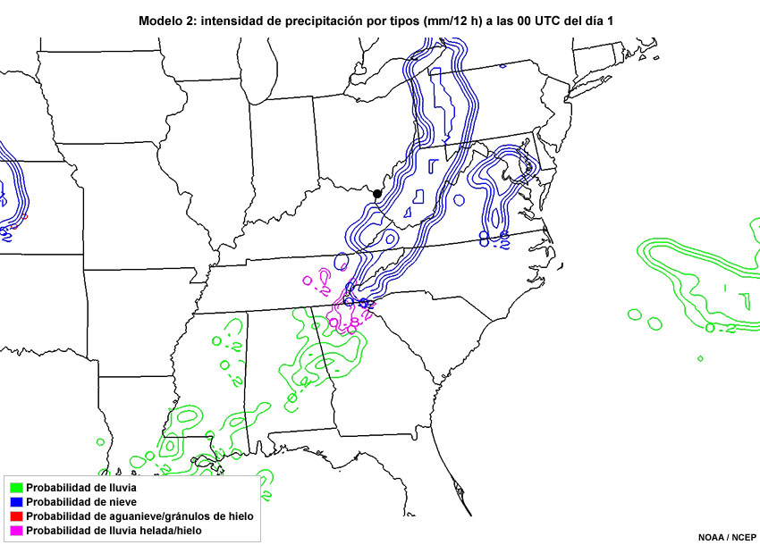 Animación de probabilidad de tipo de precipitación cada 12 horas, desde las 00 UTC del día 1 hasta las 12 UTC del día 4