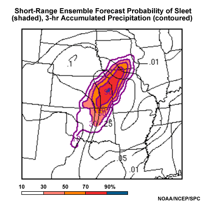 Image showing the probability of the precipitation type being sleet.  Purple contours are the probability, the image highlights higher probabilities, black lines are the SREF mean Quantitative Precipitation Forecast (QPF). 
