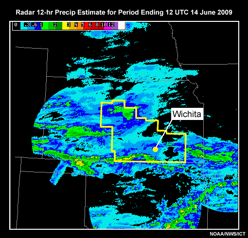 Images of precipitation estimated by radar.  This is for a convective event which occurred over the WFO Wichita, KS forecast area.  The precipitation totals are for the 12 hour period ending 12 UTC 14 June 2009.  