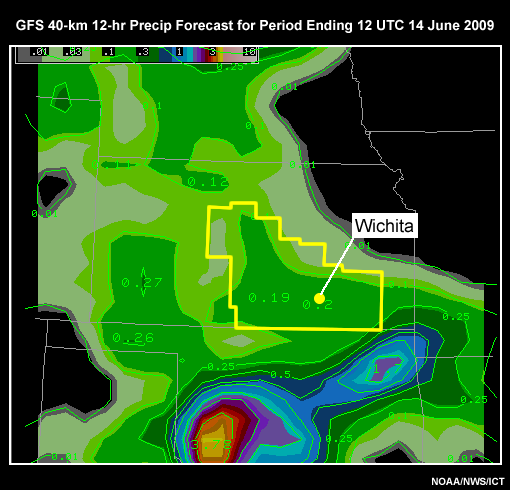 GFS data at 40 km resolution, forecast precipitation.  This is for a convective event which occurred over the WFO Wichita, KS forecast area.  The precipitation totals are for the 12 hour period ending 12 UTC 14 June 2009.  