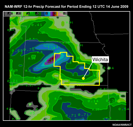 NAM-WRF data at 40 km resolution, forecast precipitation.  This is for a convective event which occurred over the WFO Wichita, KS forecast area.  The precipitation totals are for the 12 hour period ending 12 UTC 14 June 2009.  