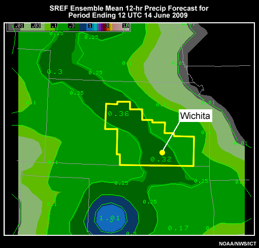 SREF ensemble mean forecast precipitation.  This is for a convective event which occurred over the WFO Wichita, KS forecast area.  The precipitation totals are for the 12 hour period ending 12 UTC 14 June 2009.  