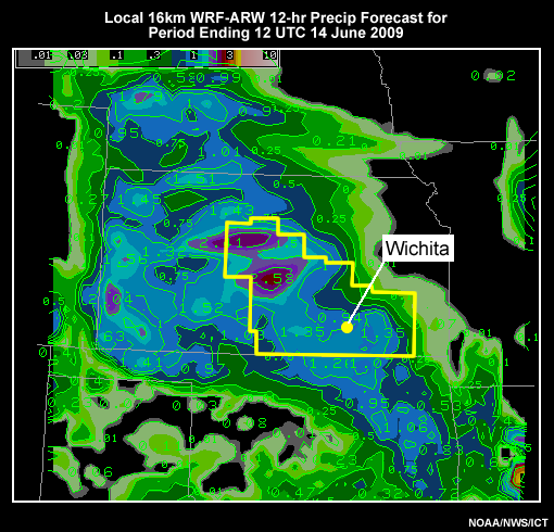 WRF-ARW at 32km resolution forecast precipitation.  This is for a convective event which occurred over the WFO Wichita, KS forecast area.  The precipitation totals are for the 12 hour period ending 12 UTC 14 June 2009.  