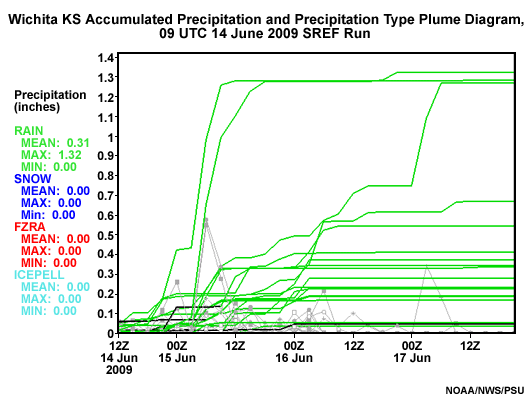 Plume diagram of precipitation totals from Short-Range Ensemble Forecast system for Wichita, KS indicating precipitation amount and type by ensemble member.  Average, minimum and maximum precipitation amounts for each type are indicated in print.