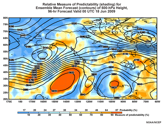 NCEP Relative Measure of Predictability (RMOP), an objective to describe the predictability of the flow, and of how likely a pattern is to verify, according to the color bar at the bottom of the graphic.  Contours are GEFS mean 500hPa height contours. 