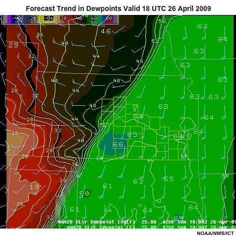 Data loop showing the Forecast Trend in Dewpoints Valid 18 UTC 26 April 2009
