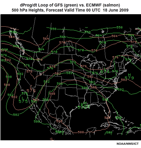 dProg/dt of a poorman's ensemble at 500 mb.  Forecasts are all valid at 00 UTC 18 June 2009.  The green contours are the 500 mb height forecast of the GFS and the salmon is the ECMWF of same.