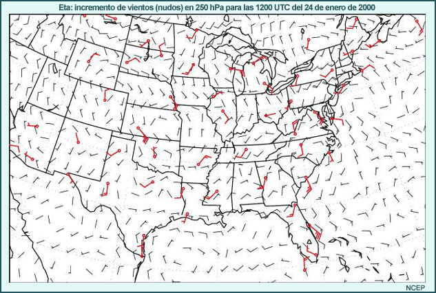 Eta 250 mb Wind Increment (kt) 1200 UTC 24 Jan 2000