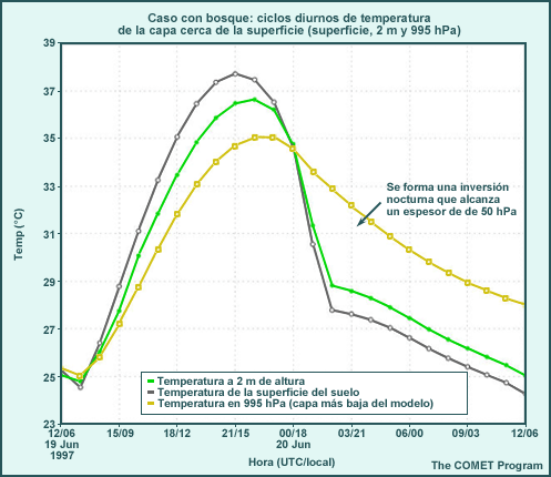 Caso con bosque, ciclo de temperatura diurna para la capa cerca de la superficie (capa superficial del suelo, 2 m, 995 hPa)