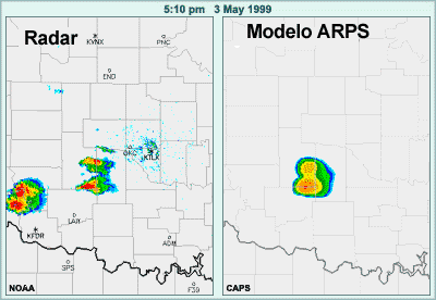 Animación de cómo el modelo no hidrostático ARPS usa la convección explícita para simular de forma realista las supercélulas con tornados que se formaron en Oklahoma City (OKC) el 3 de mayo de 1999, en comparación con las observaciones de radar.