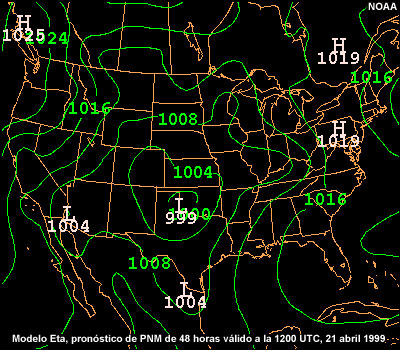 Modelo Eta, pronóstico de p. n. m. de 48 horas válido a la 1200 UTC del 21 de abril de 1999