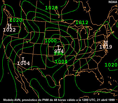 Modelo AVN, pronóstico de p. n. m. de 48 horas válido a la 1200 UTC del 21 de abril de 1999
