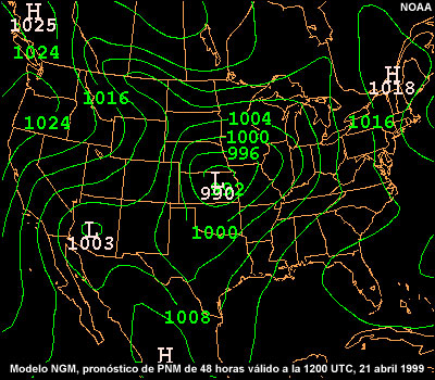 Modelo NGM, pronóstico de p. n. m. de 48 horas válido a la 1200 UTC del 21 de abril de 1999