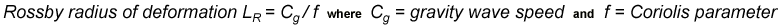 Rossby radius L sub R equals gravity wave speed divided by Coriolis parameter