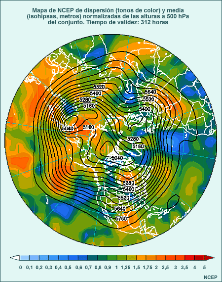 Ejemplo de un mapa de media y dispersión normalizada del conjunto tomado del sitio web de SPC del NCEP para la predicción por conjuntos de las 12 UTC del 22 de noviembre de 2002, válido a las 12 UTC del 5 de diciembre de 2002.
