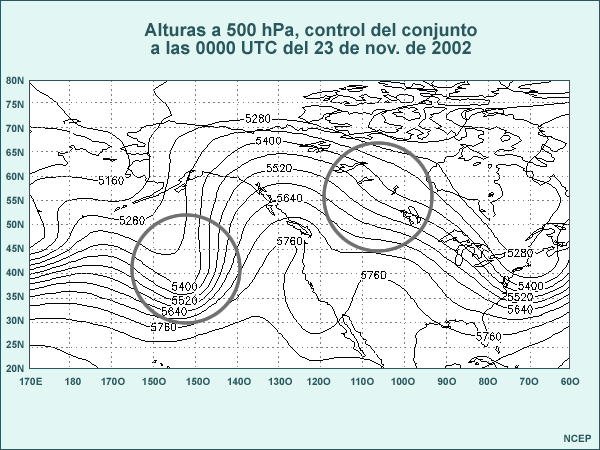 Mapa en tamaño normal de las alturas a 500 hPa del control de la predicción por conjuntos de 144 horas from 0000 UTC del 17 de noviembre de 2002, válido a las 0000 UTC del 23 de noviembre de 2002. Los círculos destacan las áreas de interés para contestar la pregunta.
