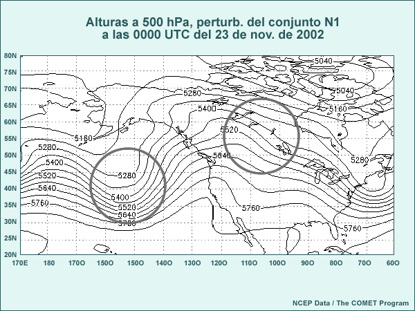 Mapa de tamaño normal de las alturas a 500 hPa de la perturbación normal 1 de la predicción por conjuntos de 144 horas de las 0000 UTC del 17 de noviembre de 2002, válido a las 0000 UTC del 23 de noviembre de 2002. Los círculos destacan las áreas de interés para contestar la pregunta.