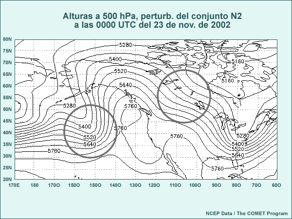 Mapa de tamaño normal de las alturas a 500 hPa de la perturbación normal 2 de la predicción por conjuntos de 144 horas de las 0000 UTC del 17 de noviembre de 2002, válido a las 0000 UTC del 23 de noviembre de 2002. Los círculos destacan las áreas de interés para contestar la pregunta.
