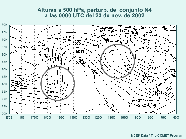Mapa de tamaño normal de las alturas a 500 hPa de la perturbación normal 4 de la predicción por conjuntos de 144 horas de las 0000 UTC del 17 de noviembre de 2002, válido a las 0000 UTC del 23 de noviembre de 2002. Los círculos destacan las áreas de interés para contestar la pregunta.