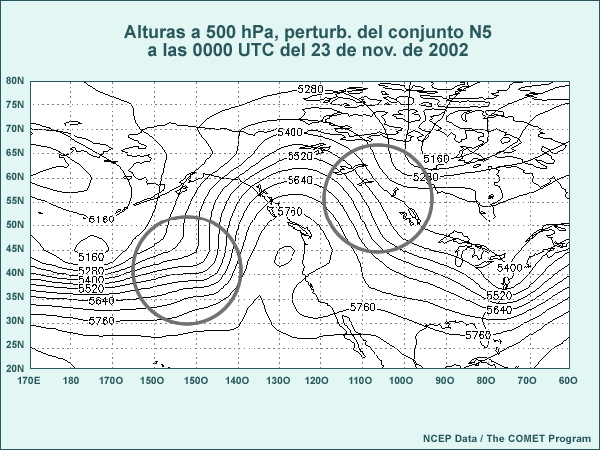 Mapa de tamaño normal de las alturas a 500 hPa de la perturbación normal 2 de la predicción por conjuntos de 144 horas de las 0000 UTC del 17 de noviembre de 2002, válido a las 0000 UTC del 23 de noviembre de 2002.  Los círculos destacan las áreas de interés para contestar la pregunta.