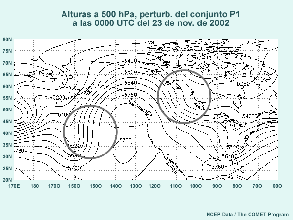 Mapa de tamaño normal de las alturas a 500 hPa de la perturbación positiva 1 de la predicción por conjuntos de 144 horas de las 0000 UTC del 17 de noviembre de 2002, válido a las 0000 UTC del 23 de noviembre de 2002. Los círculos destacan las áreas de interés para contestar la pregunta.