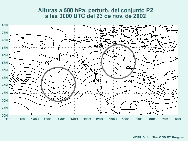 Mapa de tamaño normal de las alturas a 500 hPa de la perturbación positiva 2 de la predicción por conjuntos de 144 horas de las 0000 UTC del 17 de noviembre de 2002, válido a las 0000 UTC del 23 de noviembre de 2002. Los círculos destacan las áreas de interés para contestar la pregunta.