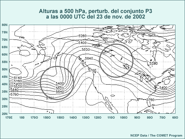Mapa de tamaño normal de las alturas a 500 hPa de la perturbación positiva 3 de la predicción por conjuntos de 144 horas de las 0000 UTC del 17 de noviembre de 2002, válido a las 0000 UTC del 23 de noviembre de 2002. Los círculos destacan las áreas de interés para contestar la pregunta.