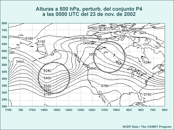 Mapa de tamaño normal de las alturas a 500 hPa de la perturbación positiva 4 de la predicción por conjuntos de 144 horas de las 0000 UTC del 17 de noviembre de 2002, válido a las 0000 UTC del 23 de noviembre de 2002. Los círculos destacan las áreas de interés para contestar la pregunta.