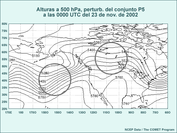 Mapa de tamaño normal de las alturas a 500 hPa de la perturbación positiva 5 de la predicción por conjuntos de 144 horas de las 0000 UTC del 17 de noviembre de 2002, válido a las 0000 UTC del 23 de noviembre de 2002. Los círculos destacan las áreas de interés para contestar la pregunta.