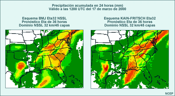 Ejemplo de los efectos de una perturbación de la  parametrización de la física sobre un pronóstico de precipitación de 24 horas del modelo Eta (período del pronóstico de 12 a 36 horas)