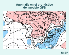 Pronóstico de anomalía de temperatura media del nivel de 850 hPa del modelo GFS para los días 6 a 10 del pronóstico del 15 de noviembre de 2002.