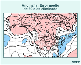 Pronóstico de anomalía de temperatura media del nivel de 850 hPa del modelo GFS para los días 6 a 10 con asimetría corregida mediante la eliminación de la asimetría de los 30 días anteriores.