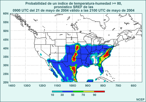 Probabilidad de que el índice de temperatura-humedad exceda 26.5 grados C (80 grados F), de la predicción por conjuntos a corto plazo (SREF) de las 09 UTC del 21 de mayo de 2004, válido a las 21 UTC del 22 de mayo de 2004. Los tonos de color indican la probabilidad como porcentaje, según la escala de colores debajo del mapa.