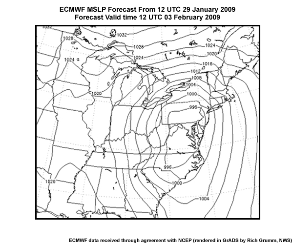 ECMWF MSLP (hPa) forecasts valid at 12Z 3 February 2009 over the eastern United States. The data are plotted in 4 hPa intervals and show cyclone over the Mid-Atlantic region.