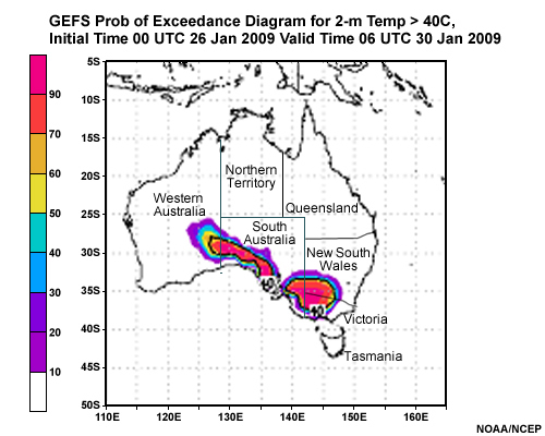 GEFS forecast of 2m temperatures initialized at 0000 UTC 26 January 2009 valid at 0600 UTC 30 January 2009. The panel shows the probability of 2m temperatures exceeding 40C over Australia and the 40C mean contour in bold black. Australian territories and state borders are shown and labeled according to the answer labeling for the related question.