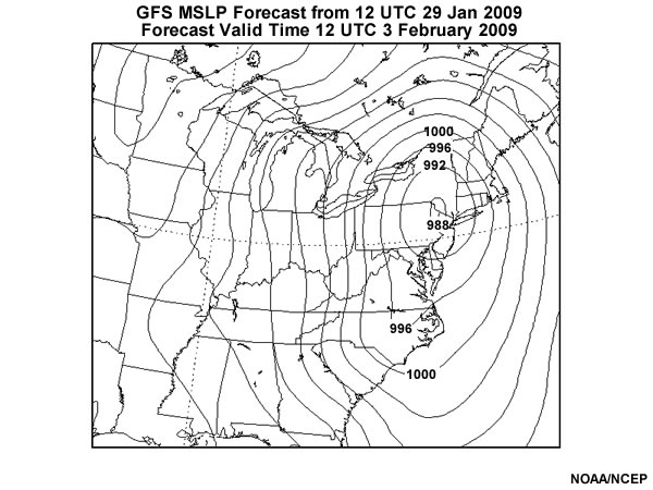 GFS MSLP (hPa) forecasts valid at 12Z 3 February 2009 over the eastern United States. The data are plotted in 4 hPa intervals and show cyclone over adjacent areas of northwest NJ/northeast PA/southeast NY.