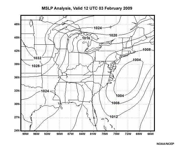 GDAS MSLP (hPa) analysis valid at 12Z 3 February 2009 over the eastern United States. The data are plotted in 4 hPa intervals and show cyclone well offshore of the Mid-Atlantic coast.
