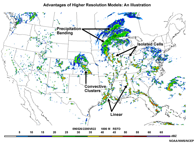 Display of synthetic radar from a 4km run of the NCEP version of the experimental NAM. The images is from 26 May 2009 and valid at 2200 UTC on 26 May 2009. The image covers the entire USA on a 4km grid. It shows highly detailed forecasts of what a radar might look like at valid time, including supercellular convection, linear convection, and precipitation banding in an area of warm air overrunning cooler air.