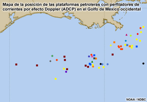 Mapa de la posición de los perfiladores de corrientes por efecto Doppler (ADCP) en el golfo de México occidental
