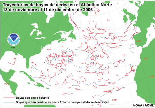 Trayectorias de boyas de deriva en el Atlántico Norte, 13 de noviembre al 11 de diciembre de 2006