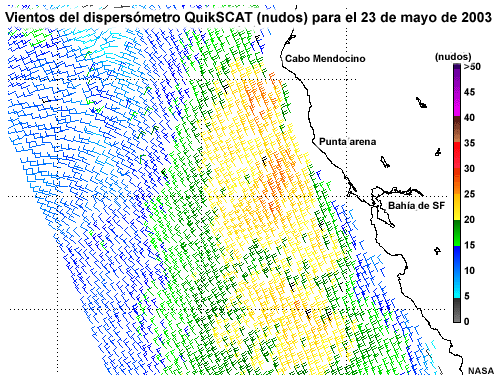 Vientos derivados del satélite QuikSCAT para la costa de California, aceleración del viento entre cabo Mendocino y punta Arena el 23 de mayo de 2003
