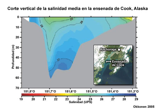 Corte vertical de la salinidad media y velocidad media de la corriente en la ensenada de Cook, Alaska