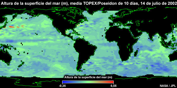 Altura de la superficie del mar (m), media TOPEX/Poseidon de 10 días, 14 de julio de 2002