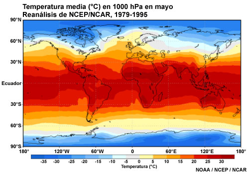 Temperatura global media (°C) en 1000 hPa en mayo, 1979-1995, reanálisis de NCEP/NCAR