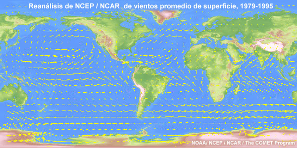 Reanálisis de NCEP / NCAR  de vientos promedio de superficie, 1979-1995